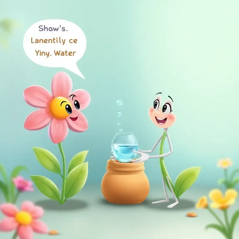 قطورة and the flower talking about sharing and caring for water, both character seen in a friendly and loving manner, cheerful setting, digital storybook style art