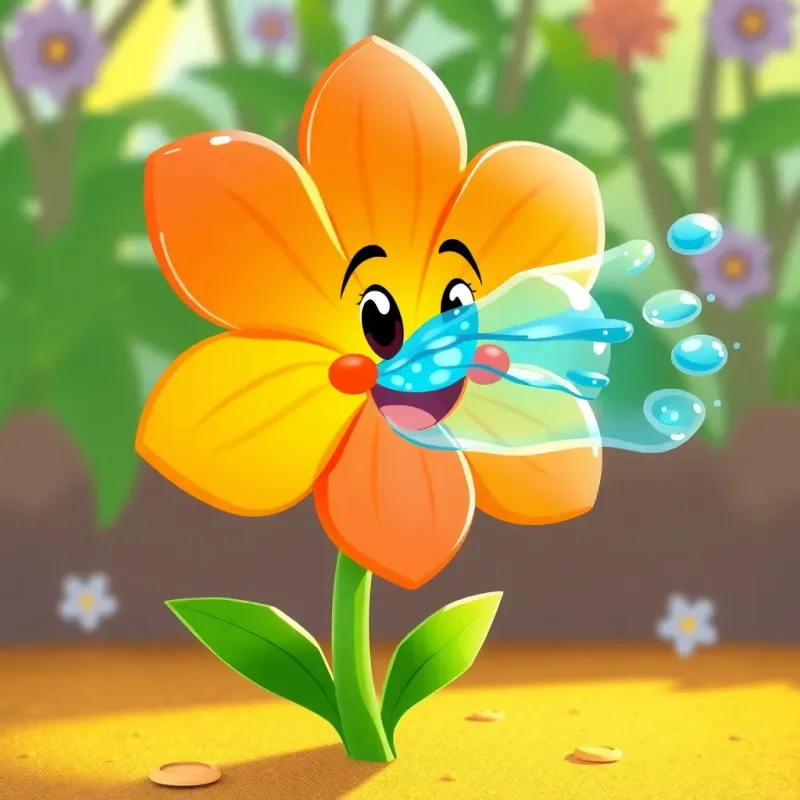 The flower reminding قطورة and منيرة about the importance of conserving water, bright colors, engaging illustration, child-friendly