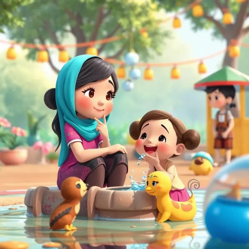 A thoughtful image of منيرة playing with her friends, thinking about water conservation, vibrant playground, lively atmosphere, heartwarming scene
