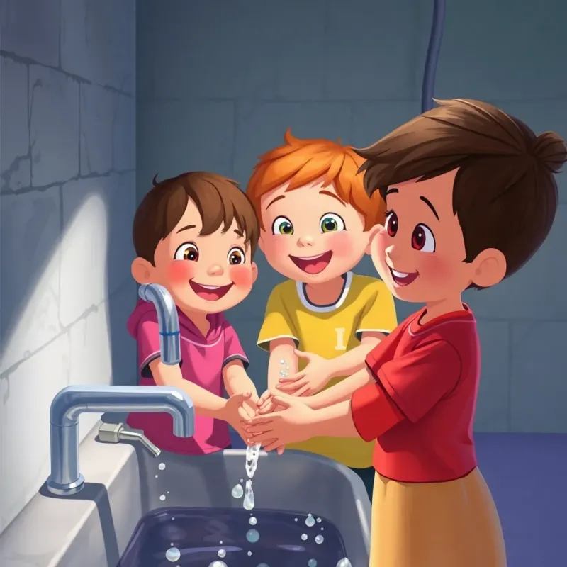 قطورة watching happy children washing hands, feeling satisfied for not wasting water, happy and colorful setting, detailed digital painting