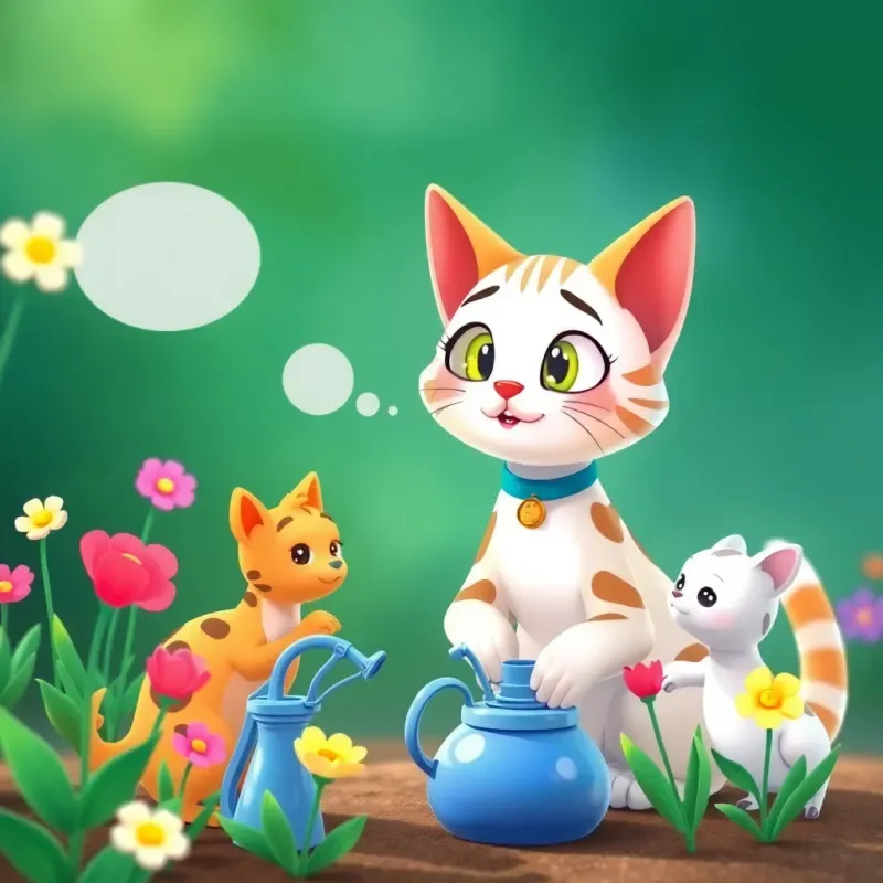 Qatoura the cat talking to her friends while they water flowers, with a curious expression and animated body language, illustration, vibrant colors, friendly scene, high quality