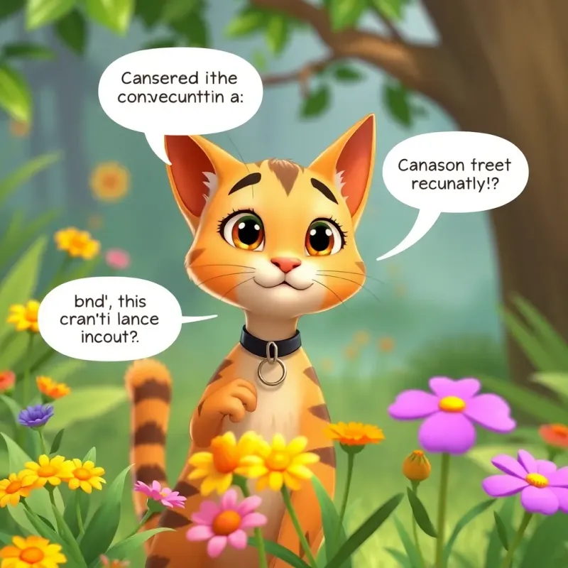 Qatoura the cat explaining conservation to her friends, with a thoughtful look and pointing towards flowers, cartoon style, colorful, engaging dialogue, clear focus, high quality