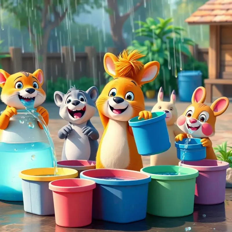 A group of animal friends collecting rainwater in various containers, with excitement and teamwork, outdoor setting, bright lighting, colorful scene, high quality