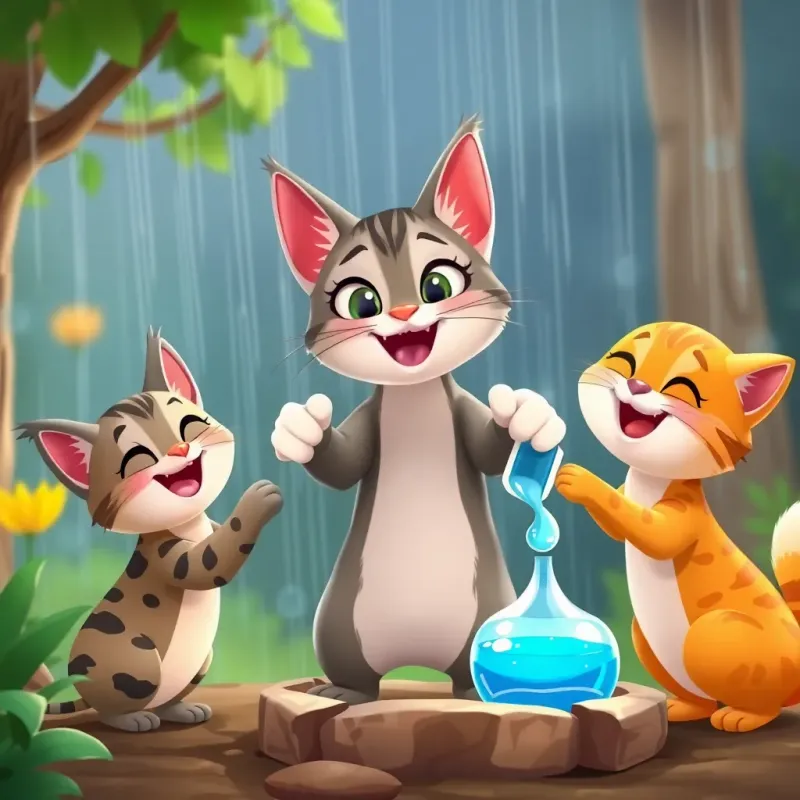 Qatoura the cat leading her friends on how to collect rainwater, with joyful expressions and teamwork, fantasy style, whimsical colors, lighthearted mood, high quality