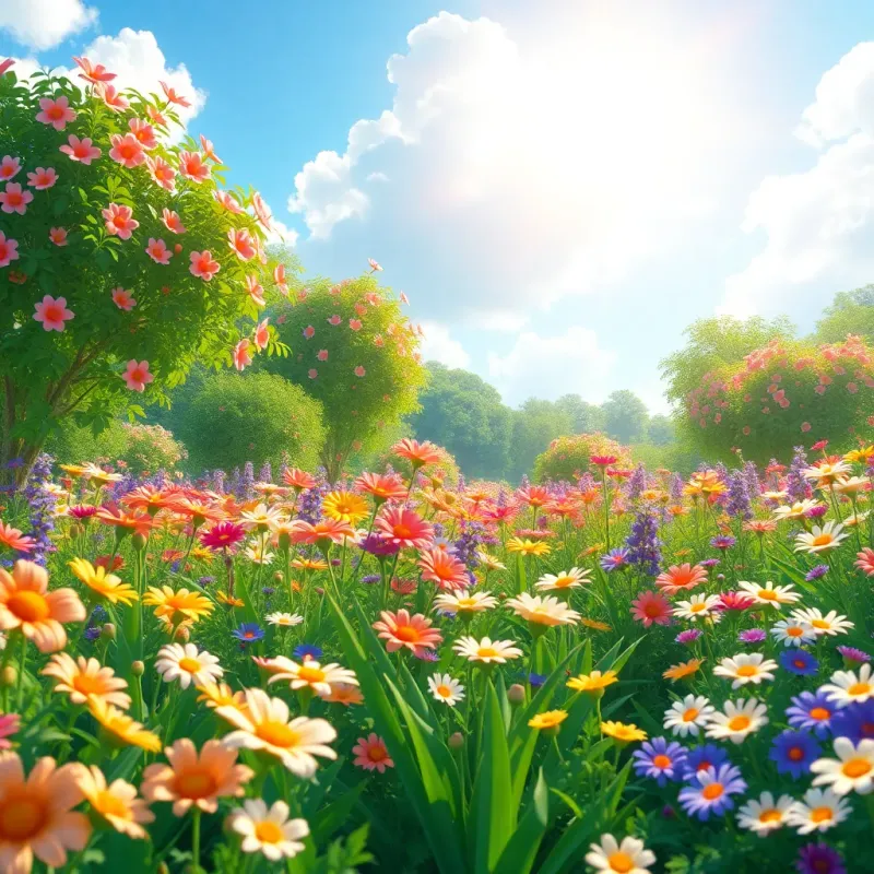 A beautiful garden filled with blooming flowers and a bright sky, showcasing the result of their hard work, illustration, lively colors, uplifting scenery, high quality