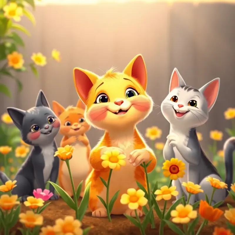 Qatoura the cat smiling proudly with her friends, watching the flowers grow beautifully in their garden, heartwarming scene, warm colors, happy atmosphere, high quality
