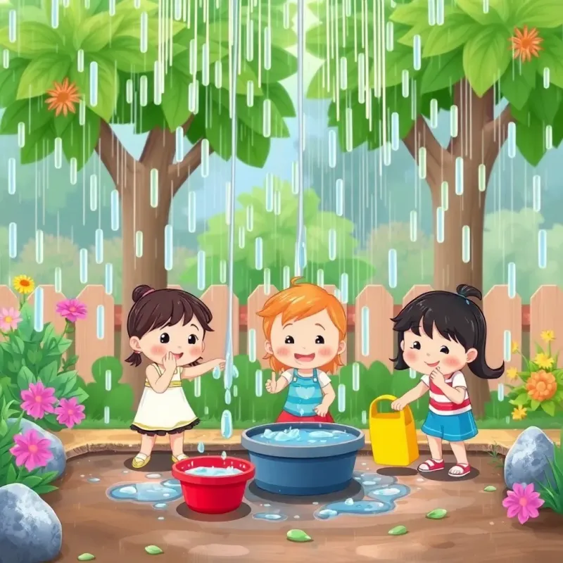 A rain shower over the garden, with friends happily collecting rainwater, cartoon style, animated texture, playful mood, high quality