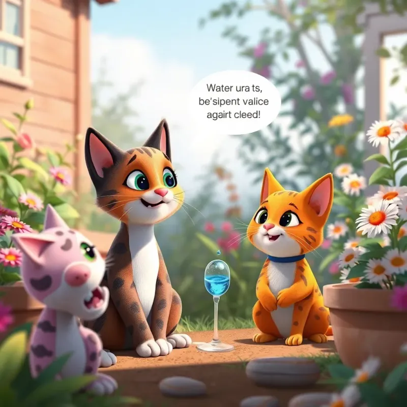 Qatoura the cat chatting with her friends in the garden, talking about water conservation, animated expressions, vibrant colors, engaging dialogue, high quality