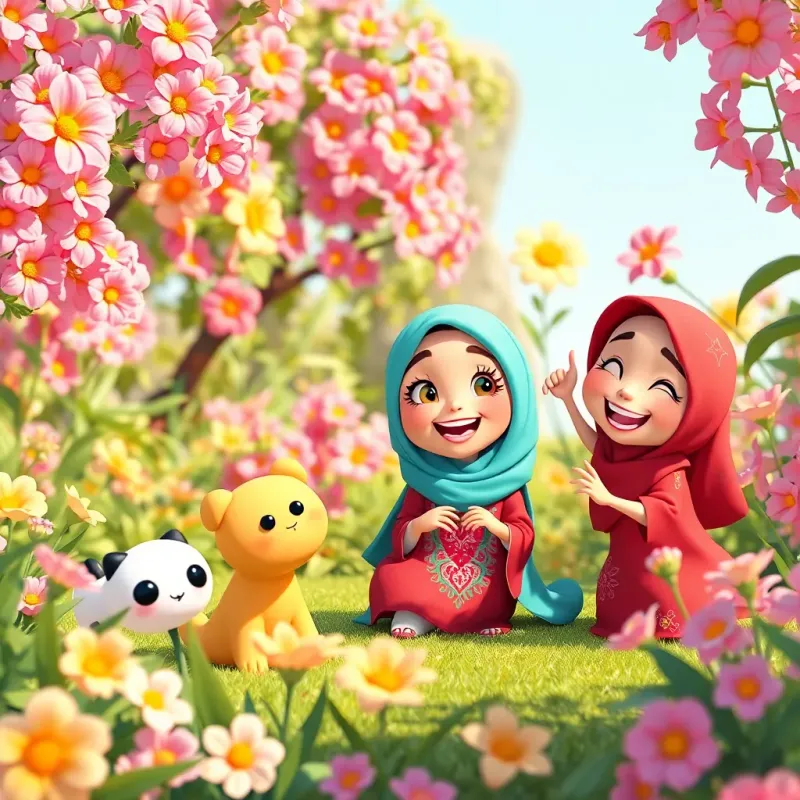 Qatoura with her friends celebrating in the garden with blooming flowers, all looking happy and playful, joyful scene, bright colors, cheerful atmosphere, high quality