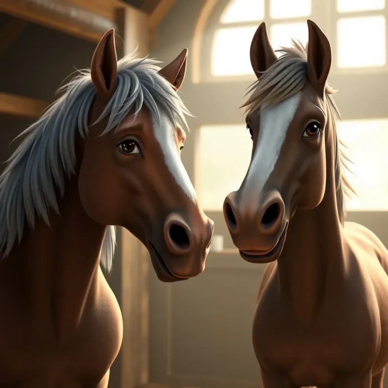 An elderly wise horse approaching Kromla, giving him encouraging advice, with a soft smile, inside the stable, warm light, caring atmosphere, inspirational tone