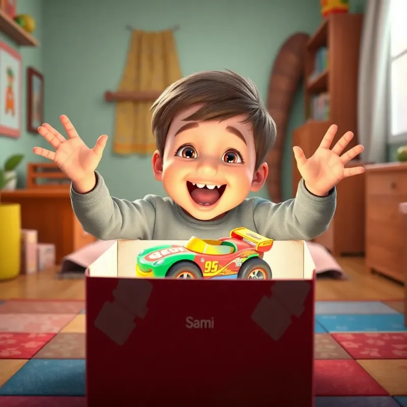 A joyful child, Sami, opening a toy box excitedly, revealing a colorful racing car, digital art, vibrant colors, cheerful environment, engaging perspective, high quality