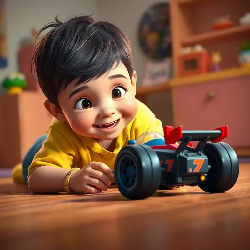 A focused child, Sami, playing with the racing car on the floor, smiling and having fun, digital art, dynamic colors, lively atmosphere, engaging perspective, high quality