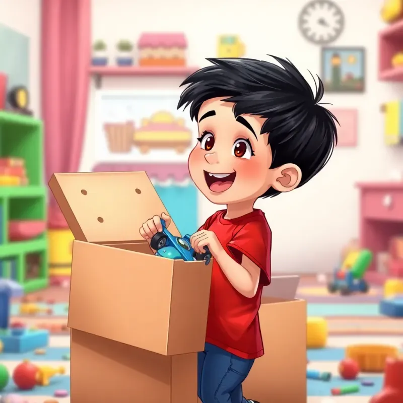 Sami, a young boy with short black hair, wearing a bright red t-shirt and blue jeans, excitedly opening a toy box with a blue racing car visible, colorful room with toys scattered around, illustration, lively, bright colors, digital art, high quality