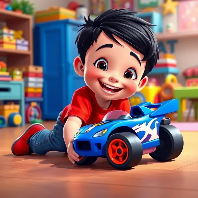 Sami, a young boy with short black hair, wearing a bright red t-shirt and blue jeans, playing happily with his blue racing car on the floor, focused and joyful expression, colorful room filled with toys, illustration, playful, bright atmosphere, digital art, high quality