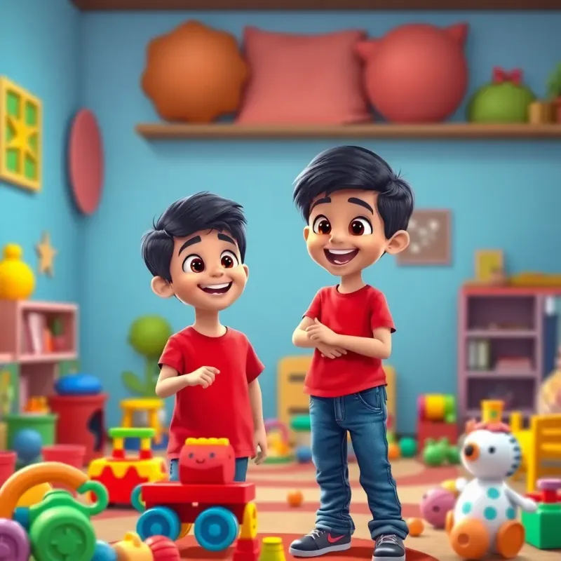 Sami, a young boy with short black hair, wearing a bright red t-shirt and blue jeans, inviting his brother Ahmed to join him in playing with the toys, both smiling and excited, colorful room filled with toys, illustration, friendly, bright and cheerful, digital art, high quality