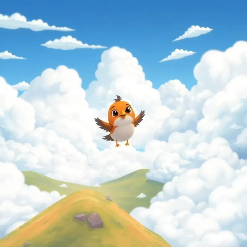 A small bird, Lolo, flying slowly towards a valley filled with fluffy white clouds, looking brave yet nervous, illustration, bright and cheerful colors, adventurous perspective, child-friendly