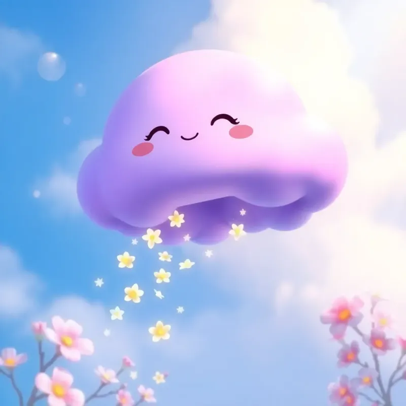 A cute little purple cloud named Ghiouma, floating above Lulú, with sparkling flowers falling from her, surrounded by a blue sky and colorful blossoms, illustration, cheerful, magical, child-friendly