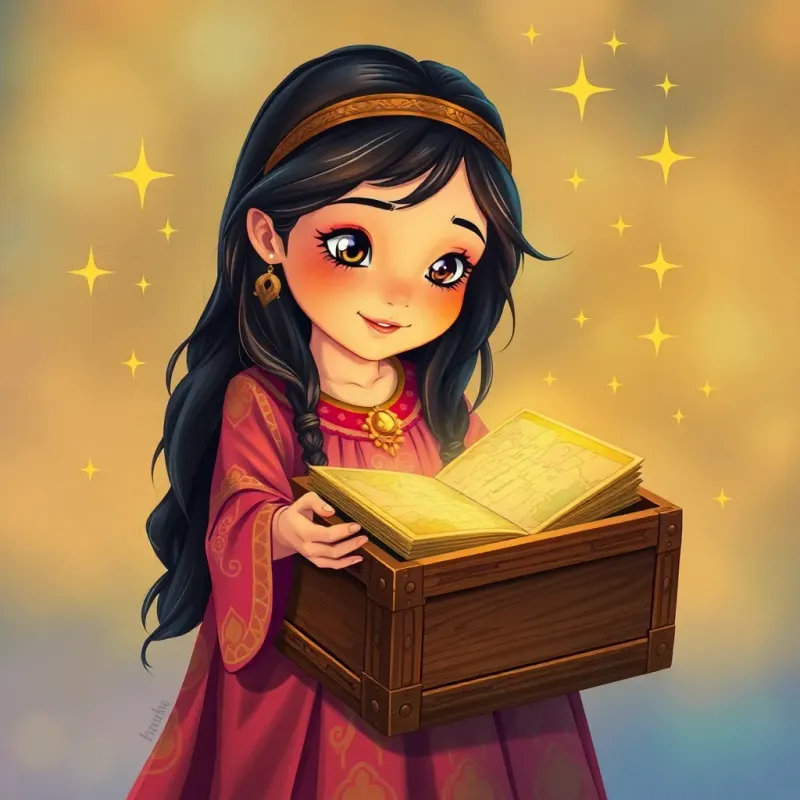Lian, a young Arab girl with long dark hair, wearing a colorful dress, opening an ancient book in a wooden box, a glowing map emerging from it, surrounded by twinkling stars, illustration, magical, vibrant colors, child-friendly, high quality