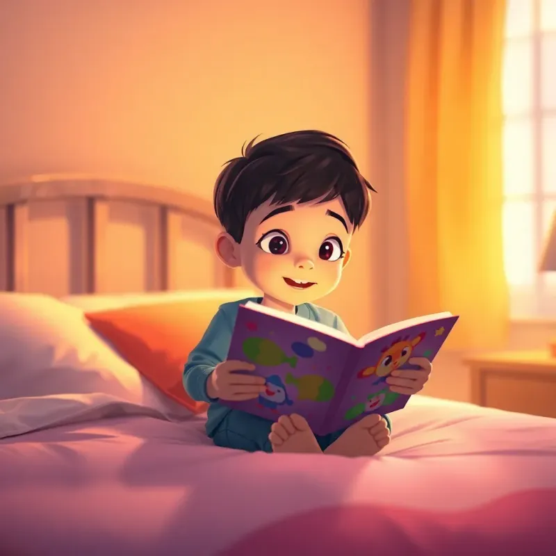 A small boy, حسام, sitting on his bed, looking excited as his mother reads him a colorful storybook, warm dim light, cozy bedtime setting, child's room, illustration, calming ambiance, high quality