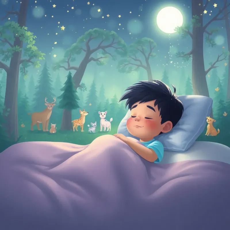 A small boy, حسام sleeping peacefully in his bed, dreaming of a magical adventure in a forest filled with friendly animals illuminated by bright moonlight, dreamy landscape, pastel colors, whimsical feel, high quality