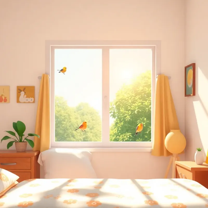 A bright morning, حسام waking up with a smile, sunlight streaming through the window, cheerful birds chirping outside, getting ready for a new exciting day, bright colors, lively scene, high quality