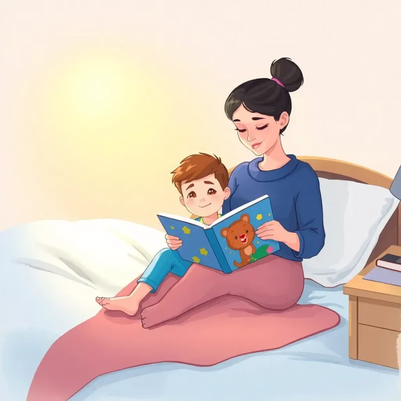 Sami sitting comfortably on his bed as his mother reads him a colorful storybook, warm light creating a cozy atmosphere, illustrating the scene in a nurturing and loving style