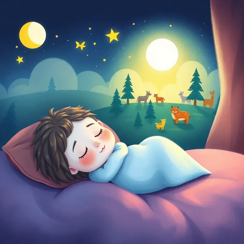 Sami sleeping peacefully, dreaming of a magical adventure in a bright forest with friendly animals and a shining moon, dreamy colors and soft textures, child-friendly