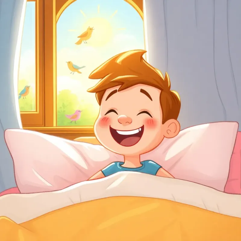 A sunny morning scene, Sami waking up with a big smile, sunlight streaming in, birds singing outside, ready for a new day, cheerful and bright scene, highly detailed