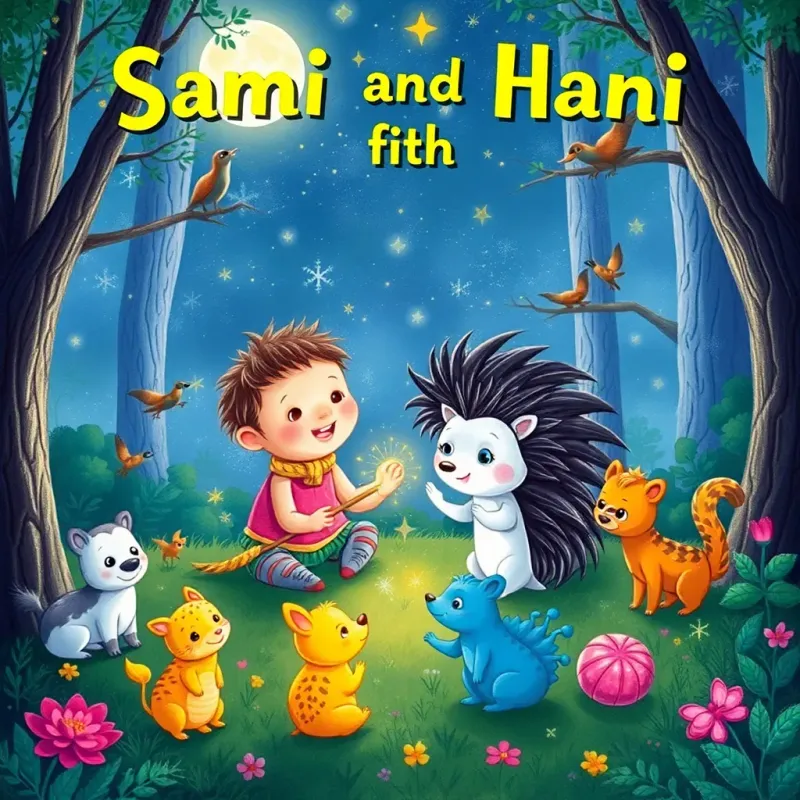 Sami and Hani the hedgehog playing together, surrounded by friendly animals in a sparkling magical forest under the moonlight, playful and enchanting scene, vibrant colors