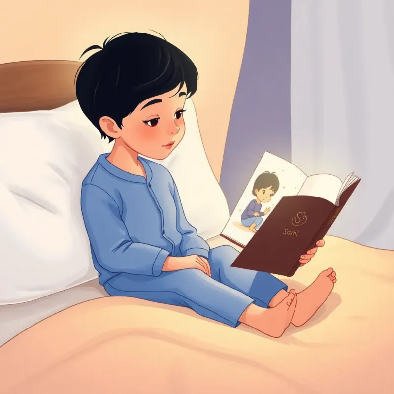 Sami, a small child with short black hair, sitting on a bed in blue pajamas, while his mother reads him an illustrated story, gentle warm light, cozy bedtime setting, high quality
