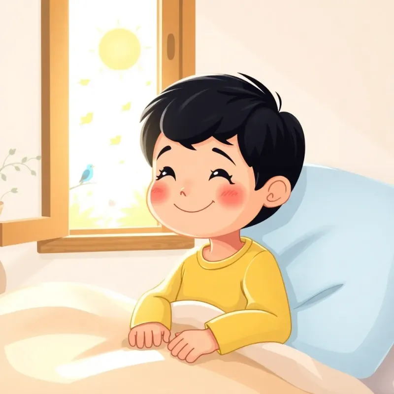 Sami, a small child with short black hair, wakes up with a smile, sunlight coming through the window, birds singing outside, bright cheerful morning, high quality