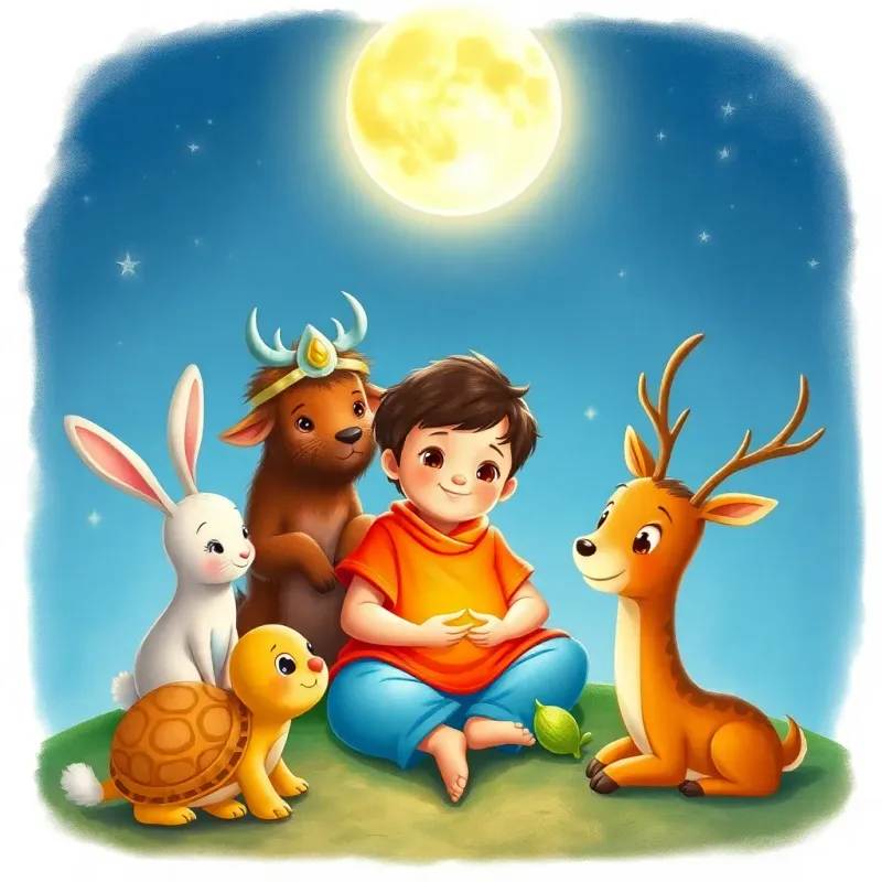 Sami playing with friendly animals under a bright moon, a rabbit smiling, a turtle, and a deer around him, magical glow, enchanting environment, high quality