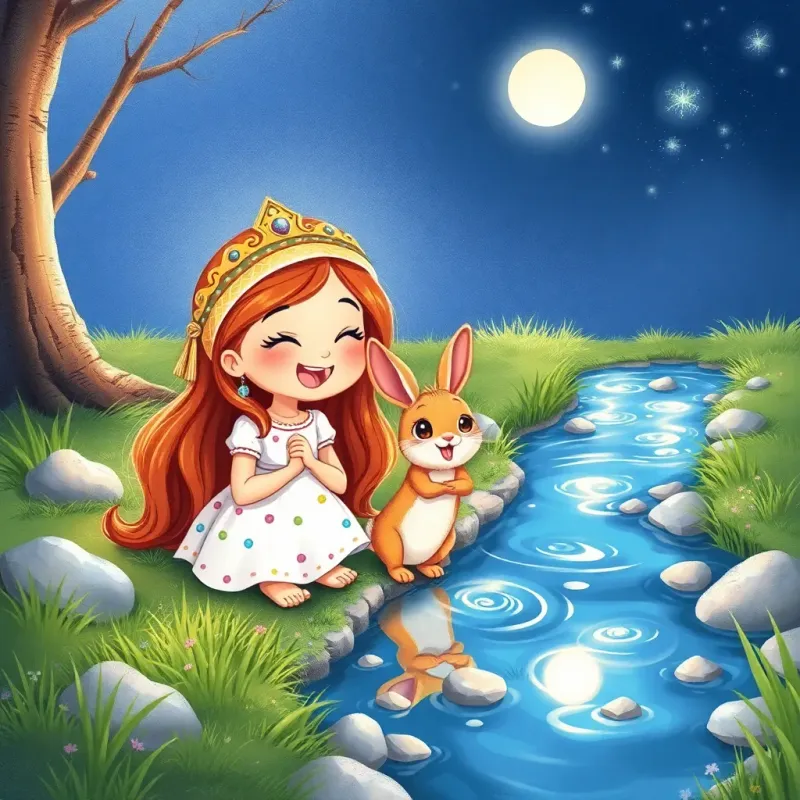 Sami and a rabbit playing by a sparkling stream under the moonlight, lots of joyful laughter and colorful reflection, whimsical scene, high quality