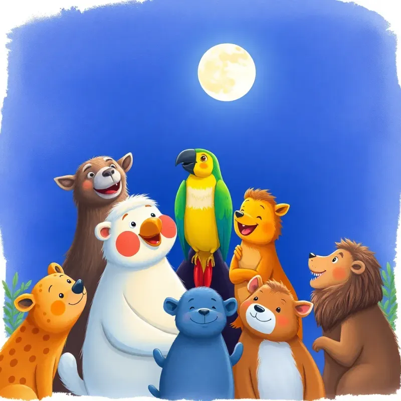 A group of animals, including a parrot, gathering to take a picture under the moonlight with Sami, joyful atmosphere, high quality