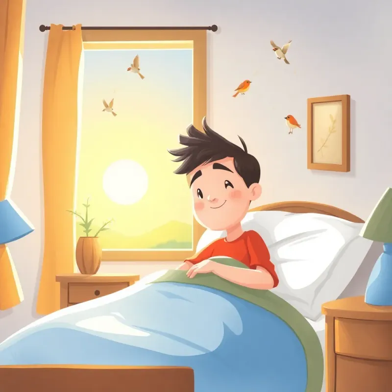 Sami waking up with sunlight filling the room, birds singing, a sense of joy and anticipation for the day, high quality