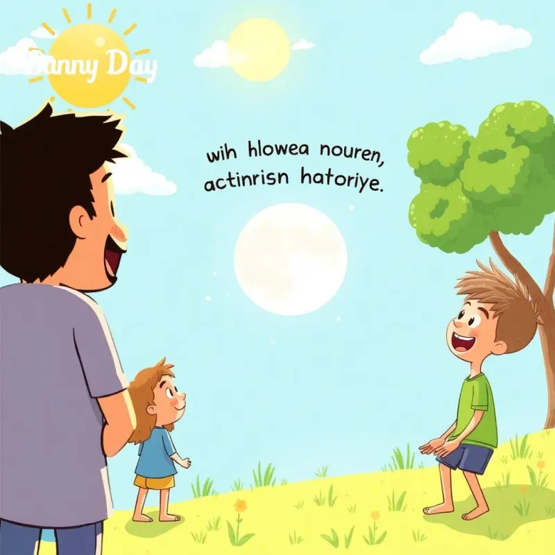 A sunny day with Sami excitedly telling his friends about his moon adventure, happy and lively setting, high quality