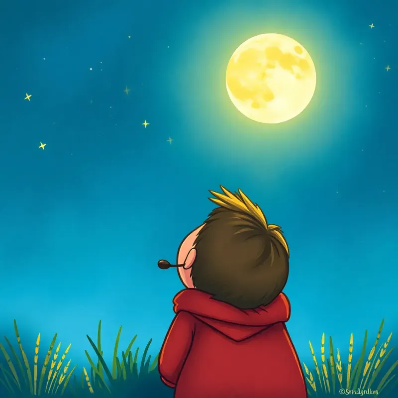 Sami looking toward the night sky, where a beautiful moon shines, symbolizing dreams and new adventures, magical illustration, high quality