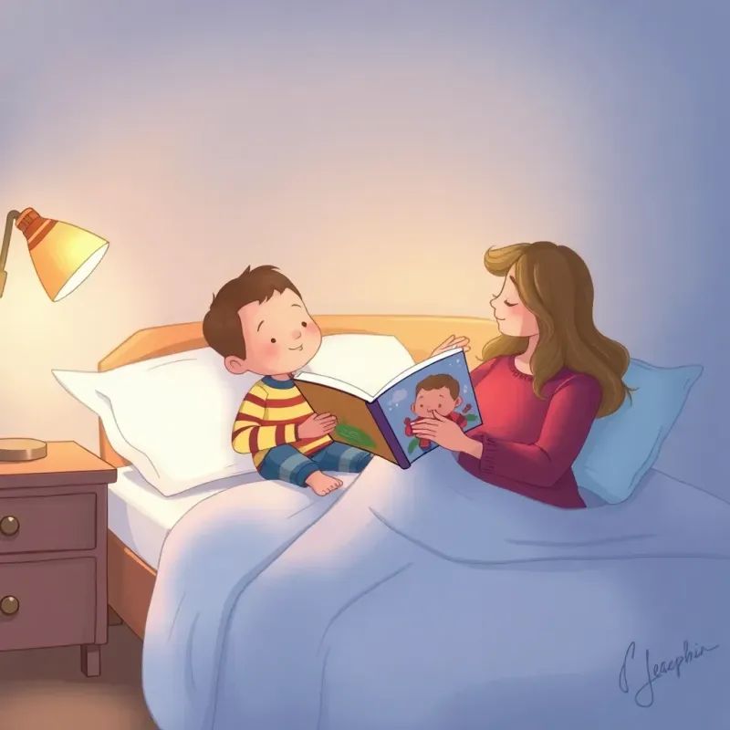 Sami sitting on his bed while his mother reads a picture book to him, warm soft light surrounding them, a comfortable and peaceful bedtime scene, illustration, cozy, child-friendly