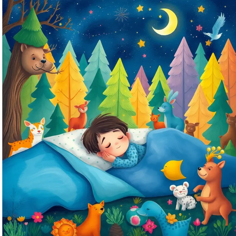 Sami dreaming in his sleep, in a colorful forest filled with friendly animals and a shining moon overhead, whimsical and fantastical atmosphere, vivid colors, dreamy illustration