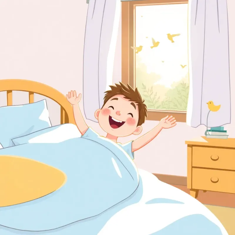 Sami waking up happily in his room, bright sunlight streaming through the window, birds singing outside, showing a cheerful morning scene, illustration, bright, uplifting