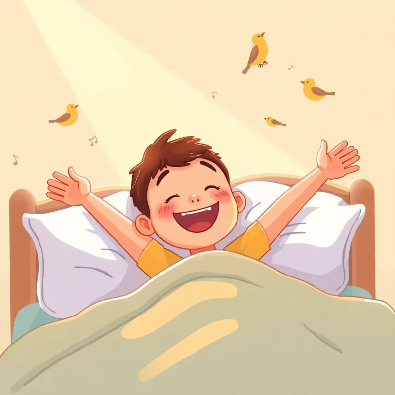 Sami with a big bright smile as he stretches in his bed, sunlight and songs of birds filling the air, ready for a beautiful day, warm colors, joyful illustration