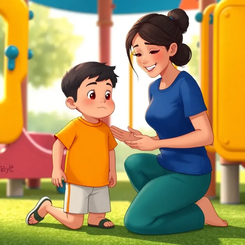 A mother, Sara, kneeling beside Rami, speaking gently with a warm smile, surrounded by playground equipment, Rami wearing a bright t-shirt and shorts, looking a bit unsure, soft light, encouraging scene, illustration, child-friendly