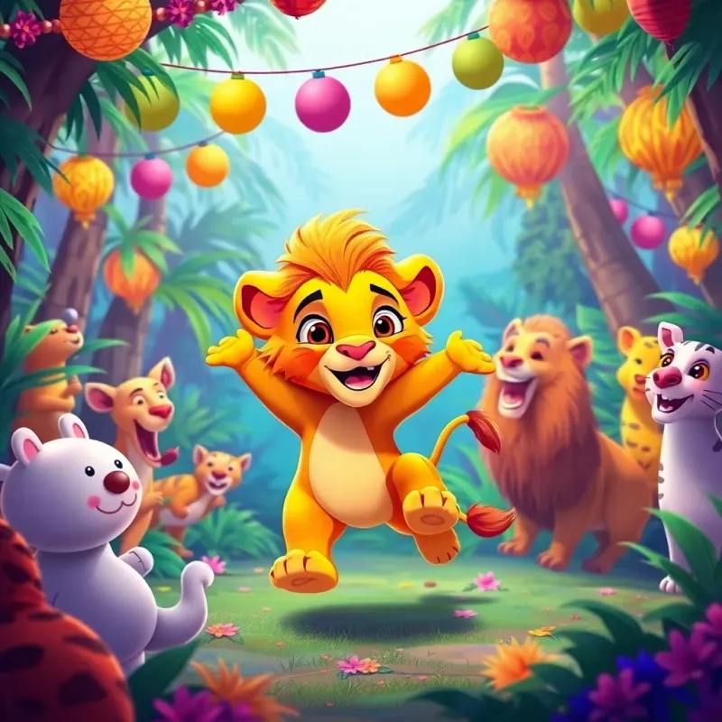 Leon, a brave and gentle lion cub with a golden mane, dancing joyfully in a vibrant jungle at a festival surrounded by happy animals singing and celebrating, colorful decorations, lively setting, child-friendly illustration