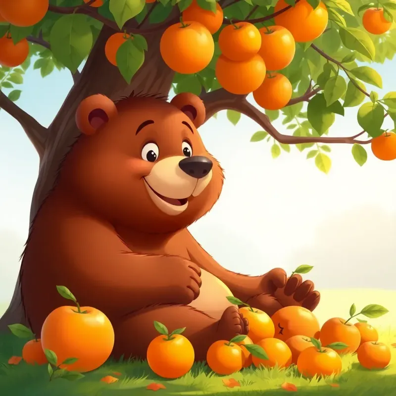 A big, friendly bear with brown fur, sitting under a tree, eating an orange with a happy expression, surrounded by apples and oranges, illustration, vibrant colors, warm light, child-friendly