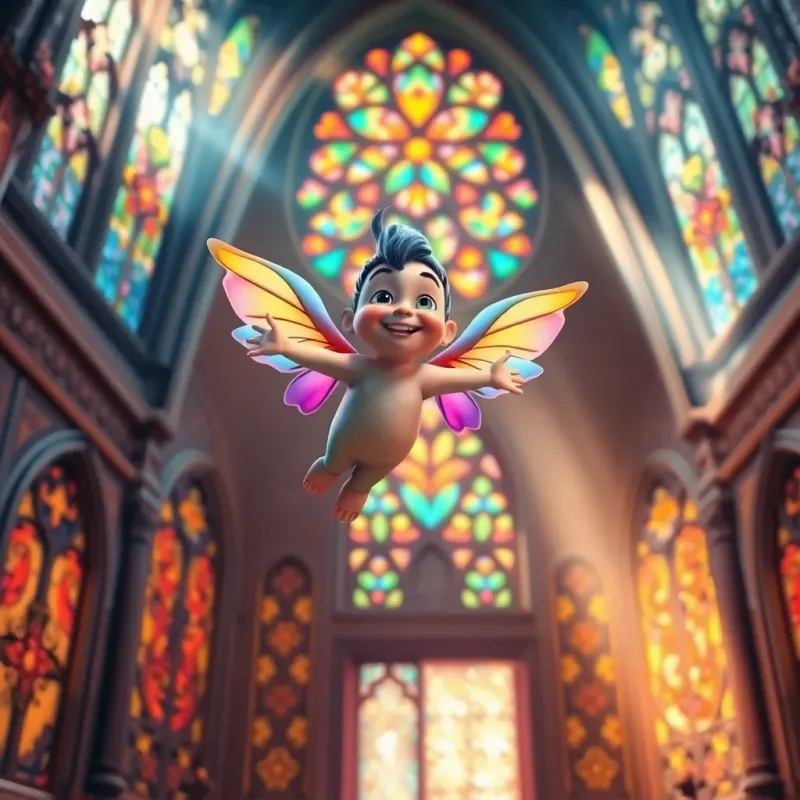 A small colorful genie, smiling with colorful wings, flying above a beautiful church with stained glass windows, light pouring in, enchanting scene, warm colors, magical ambiance, digital painting, high quality