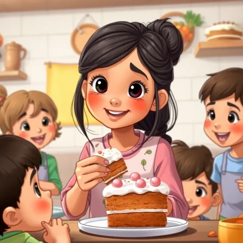 A young Yemeni girl, Yasmin, with dark hair, eagerly tasting a slice of carrot cake in Grandmother's bakery, surrounded by other children with joyful expressions, detailed illustration, cheerful and vibrant, child-friendly, high quality