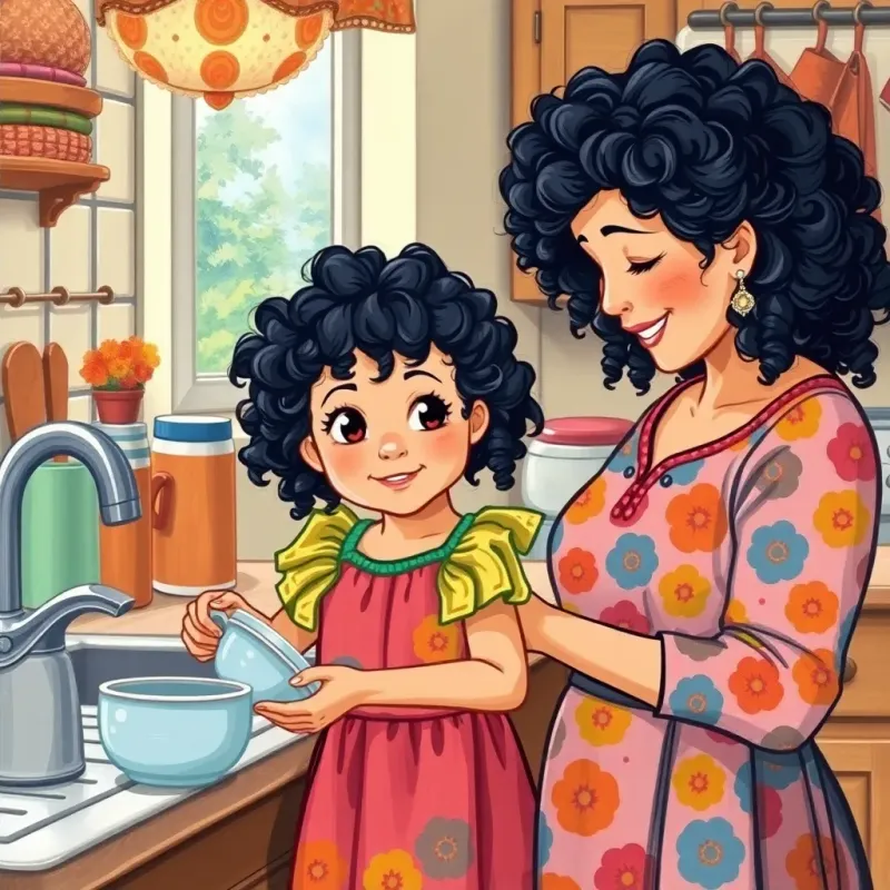 A young girl, Sara, with curly black hair and wearing a colorful dress, drying dishes next to her mother, who looks grateful, cozy kitchen, bright light, cheerful scene, illustration, high quality