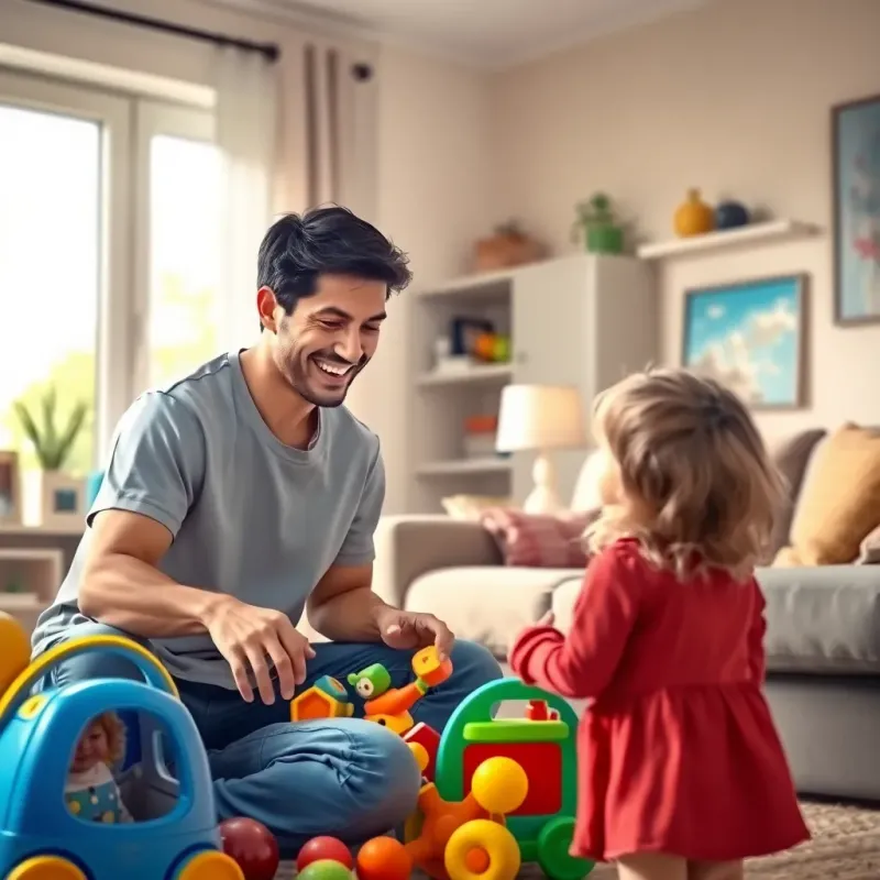 A father with short black hair wearing casual clothes, gathering toys in a living room, smiling at his daughter who approaches him, bright and colorful environment, digital art, engaging, high quality