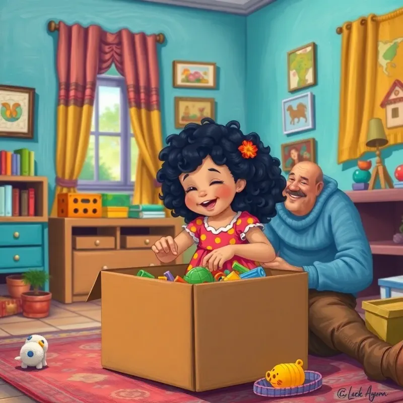Sara, a young girl with curly black hair and colorful dress, happily putting toys into a box while her father encourages her with a smile, vibrant room, cheerful, cozy atmosphere, illustration, high quality