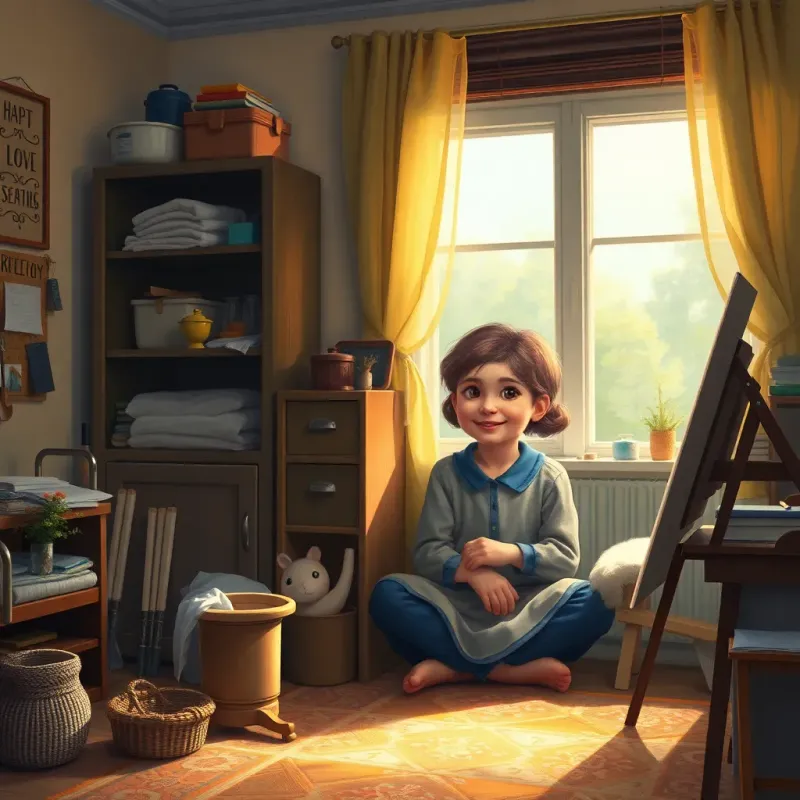A tidy room, with Sara proudly looking at her work next to her father, who is smiling at her with love, warm lighting, emotional scene, digital art, intimate and heartwarming, high quality